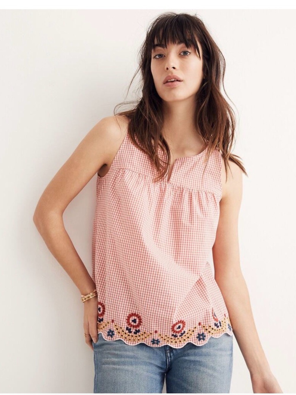 Madewell 100% Cotton Red Gingham Sleeveless Blouse with Embroidered Scallop Hem